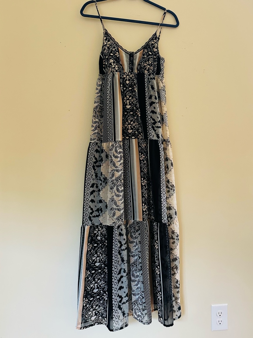 Black and Cream Patchwork Maxi Dress - Lightweight Spaghetti Strap Sizs S